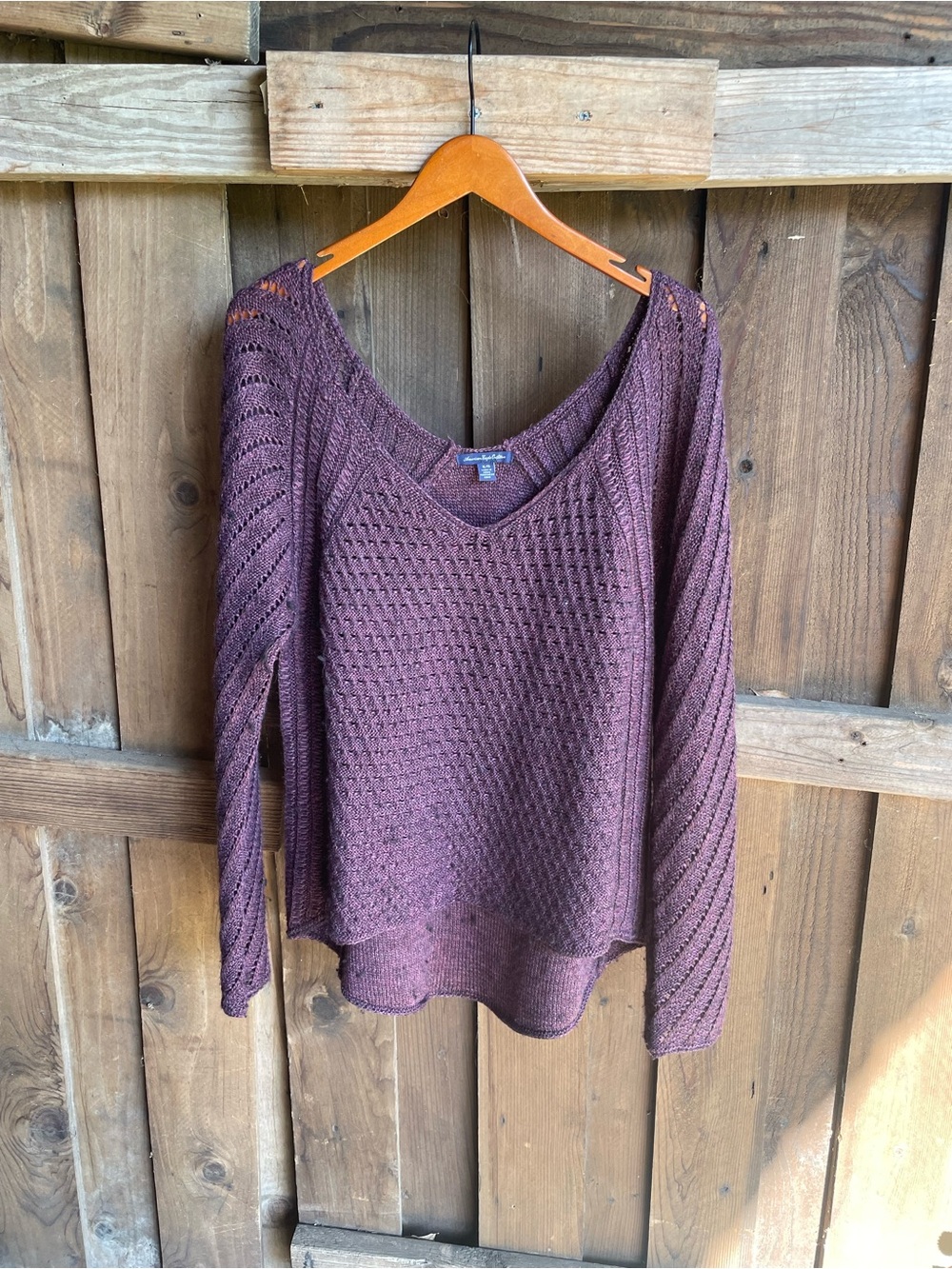 American Eagle Plum Purple Wool Blend Metallic Open Knit Sweater